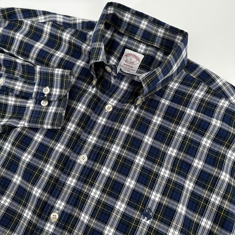 Brooks Brothers Button Down Shirt Mens L Navy Plaid Madison Long Sleeve